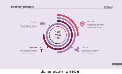 Four options doughnut chart slide template. Business data. Arc, diagram, design. Creative concept for infographic, presentation. Can be used for topics like management, statistics, research.