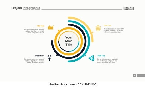 Four options doughnut chart slide template. Business data. Arc, diagram, design. Creative concept for infographic, presentation. Can be used for topics like management, statistics, research.