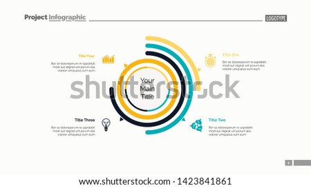 Four options doughnut chart slide template. Business data. Arc, diagram, design. Creative concept for infographic, presentation. Can be used for topics like management, statistics, research.