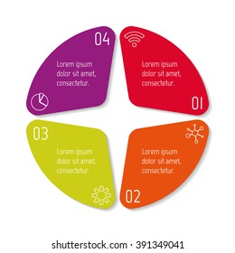 Four options infographic banner. Circular workflow layout with triangle parts. Number banner template for diagram, presentation or chart. Progress steps for tutorial. Business concept sequence banner.