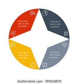Four options infographic banner. Circular workflow layout with triangle parts. Number banner template for diagram, presentation or chart. Progress steps for tutorial. Business concept sequence banner.
