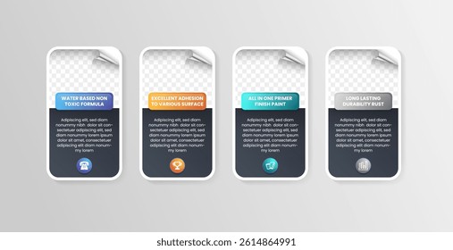 four options of infographic banner with peeling sticker and photo space. Listed badge with curled corner, offer option color peel off and look stickers vector set of peel sticker. black background