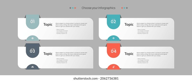 CUATRO OPCIONES de proceso infográfico y gráfico moderno con azul. panel de opciones color naranja, gris, blanco Círculo sobre fondo oscuro, utilizado en el diseño de objetos financieros y comerciales.eps
