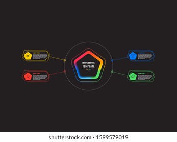 four options infographic template with pentagons and polygonal elements on a black background. modern business process visualisation with thin line marketing icons. vector illustration eps 10