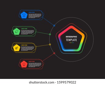 four options infographic template with pentagons and polygonal elements on a black background. modern business process visualisation with thin line marketing icons. vector illustration eps 10