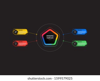 four options infographic template with pentagons and polygonal elements on a black background. modern business process visualisation with thin line marketing icons. vector illustration eps 10