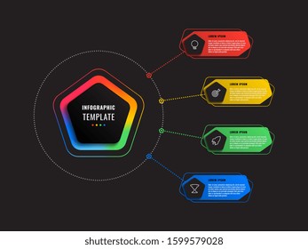 four options infographic template with pentagons and polygonal elements on a black background. modern business process visualisation with thin line marketing icons. vector illustration eps 10