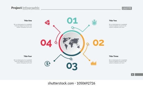 Four options process chart slide template. Business data. Step, diagram, design. Creative concept for infographic, presentation, report. Can be used for topics like management, finance, teamwork.