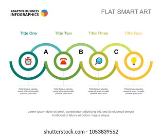 Four options process chart slide template. Business data. Strategy, plan, design. Creative concept for infographic, project. Can be used for topics like consulting, management, production.