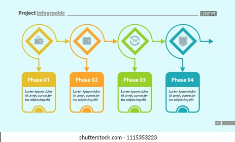 Four options process chart slide template. Business data. Flow, diagram, design. Creative concept for infographic, presentation. Can be used for topics like marketing, planning, training.
