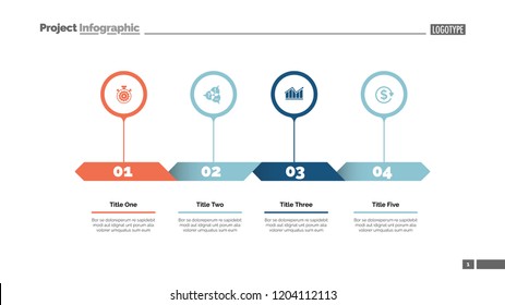 Cuatro opciones de plantilla de diapositiva del gráfico de proceso. Datos comerciales. Plano, diagrama, diseño. Concepto creativo para infografía, presentación. Se puede utilizar para temas como administración, estrategia, planificación.