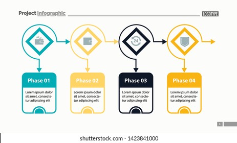 Four options process chart slide template. Business data. Flow, diagram, design. Creative concept for infographic, presentation. Can be used for topics like marketing, planning, training.