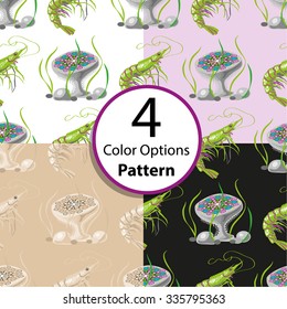 Four options seamless pattern with tropical  shrimp and jellyfish. Vector  illustration