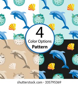 Four options seamless pattern with tropical  dolphin and fish ball coral. Vector  illustration