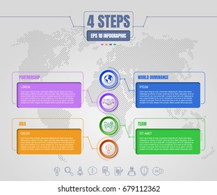Four options or steps infographic on dotted world map abstract background. Business thin line icons. Template for your design works. Vector illustration.