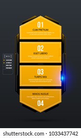 Four options template in yellow industrial techno style on dark gray background