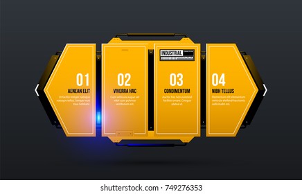 Four options template in yellow industrial techno style on dark gray background