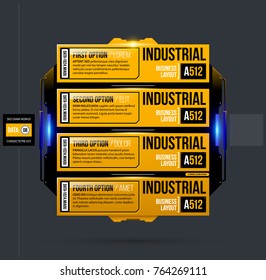 Four options template in yellow industrial techno style on dark gray background