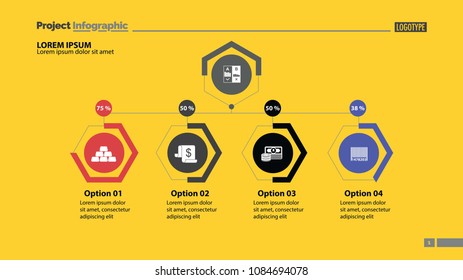 Four options workflow slide template. Business data. Graph, chart, design. Creative concept for infographic, report. Can be used for topics like banking, investment, assets