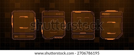 Four orange hud vector frame for futuristic interface. Head up display ui element. Digital virtual element of technology for sci fi experience.