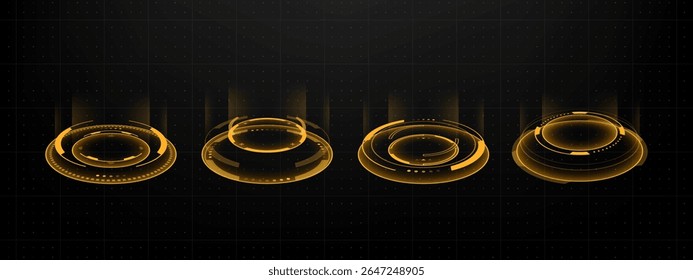 Four orange hud vector graphic elements. Futuristic user interface set. Abstract digital display design for technology and gaming scene.