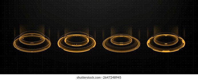 Four orange hud vector graphics on a dark grid background. Futuristic user interface elements for technological display.