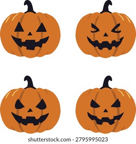 Four orange pumpkins with carved faces