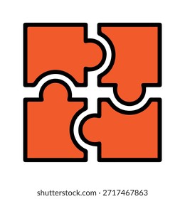 Cuatro piezas de rompecabezas naranja conectadas juntas en una formación cuadrada con contornos negros, rompecabezas, conexión, unidad, trabajo en equipo, solución, estrategia, lógica, juego, desafío, concepto