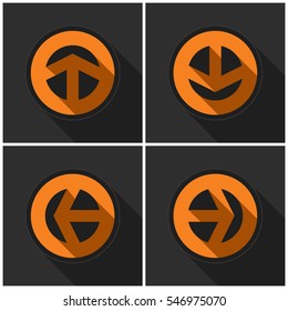 Four orange round. Black arrows in four directions with shadows on a dark gray background.