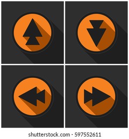 Four orange round. Black arrows - four directions with shadows on a dark gray background.
