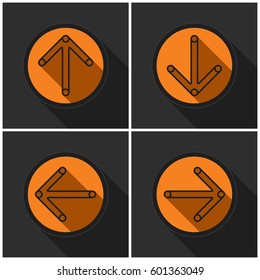 Four orange round. Black arrows in four directions with shadows on a dark gray background.