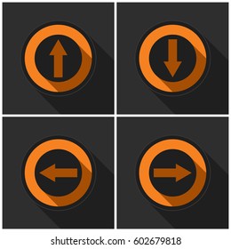 Four orange round. Black arrows in four directions with shadows on a dark gray background.