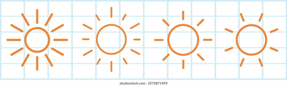 Four orange sun icons on a grid background. Sun icons are simple and bright. The grid enhances the layout of the sun icons. Weather icons, isolated vector element set.