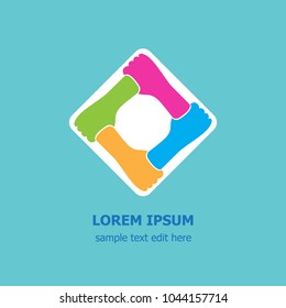 Four organization cooperation icon logo. Four hands holding hands representing teamwork.