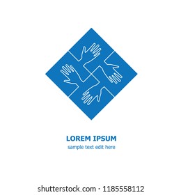 Four organization cooperation icon logo - four pieces of jigsaws and hands connected together.