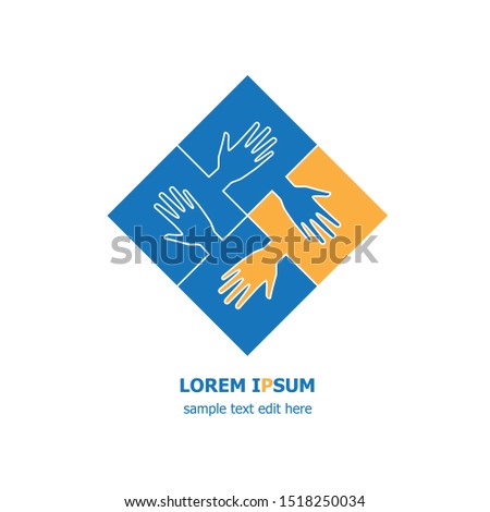 Four organization cooperation icon logo - four pieces of jigsaws and hands connected together.