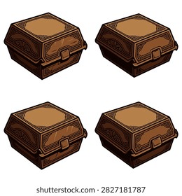 Four Ornate Brown Decorative Boxes With Intricate Engraved Patterns Design