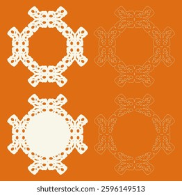 Four ornate circular designs. Lace, doilies, lattice and laser cut. Symmetrical patterns. Intricate details. Light yellow and orange. Contrast styles. Decorative art. Vintage style. Isolated elements.