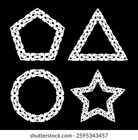 Four ornate geometric shapes. White outlines. Pentagon, triangle, circle, and star. Symmetrical patterns. Intricate details. Decorative art. Vintage style. Isolated elements. Flat vector. Wicker shape