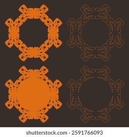 Four ornate lace or doilies with circular element shape. Symmetrical patterns. Intricate details. Orange on brown. Contrasting colors. Decorative. Vintage style. Isolated elements. Flat designs.