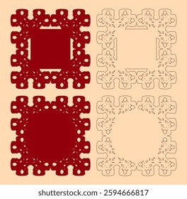 Four ornate square designs. Lace or doilies. Symmetrical patterns. Intricate details. Red and cream color. Contrasting styles. Decorative art. Vintage aesthetic. Isolated elements. Flat vector.