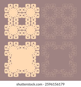 Four ornate square designs. Lace, doily, lattice, laser cut, stencil, engrave. Symmetrical patterns. Intricate details. Beige and taupe. Decorative art. Vintage aesthetic. Isolated elements. 