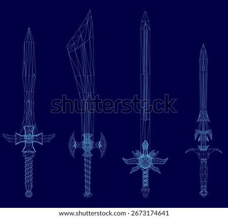 Four ornate swords with intricate wireframe designs are arranged symmetrically on a deep blue background. The blades range from silver to gold tones, each featuring unique detailing on the handles.