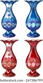 Four ornate vases with geometric patterns, glossy finish, isolated on white background, vector illustration