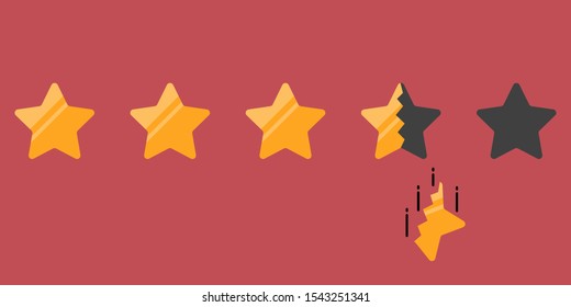 Four out of five stars customer rating with one half of fourth falling. Vector illustration for negative feedback, quality drop, online rating, bad service, hotel reviews, business loosing reputation