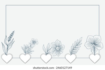 Cuatro flores de contorno floral en la parte inferior en las Formas del corazón. Trazo azul con fondo blanco roto. Diseño de Plantilla. Espacio para texto personalizado. Espacio para contenido. Libre de regalías. EPS 10 editable.