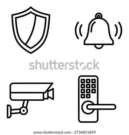 Four outline icons represent home security and alerts: a shield, a ringing bell, a security camera, and a digital keypad door lock.