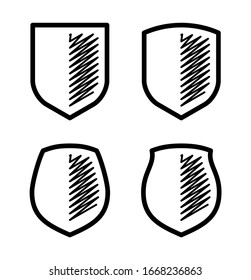 Four Outline shield badge. Safety icon set. Protect guard shield plain line concept. Safeguard simple sign linear shield pictogram