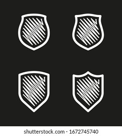 Four Outline shield badge. Safety icon set. Protect guard shield plain line concept. Safeguard simple sign linear shield pictogram