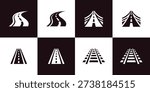 Four outline vector icons depicting various transportation routes, including winding asphalt roads, straight highways, and rail lines for travel and logistics concepts.